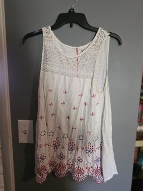 White Sleeveless Embroidered Tank Top with Red & Blue Accents